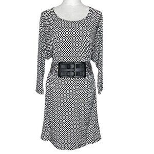 KORS Michael Kors Black White Geometric Dolman Belted Dress Sz Med Long Sleeve